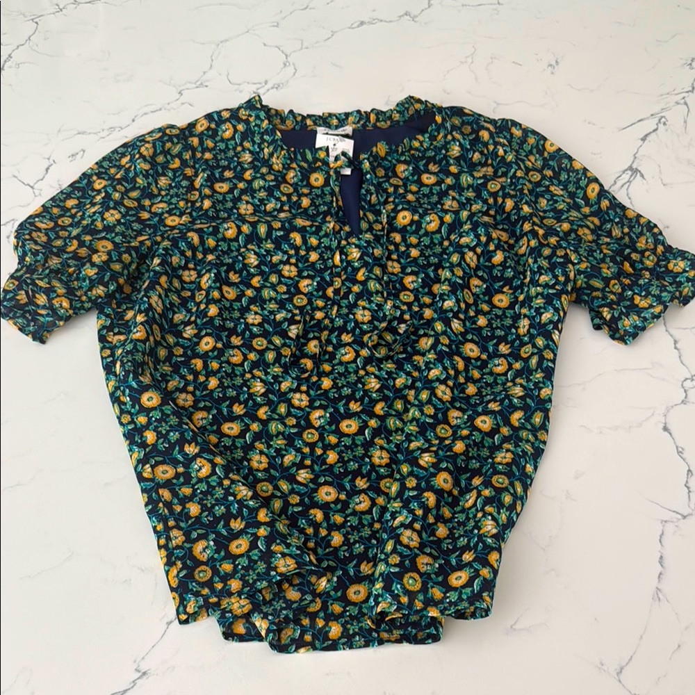 J Crew size small  Print Blouse with Yellow blue and Green Accents
